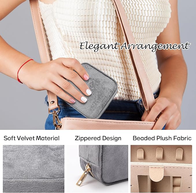 Velvet Travel Jewelry Box for Women - Small Portable Organizer, Storage Case for Rings, Earrings and Girls Necklaces, Ideal Gift for Travel (Gray)