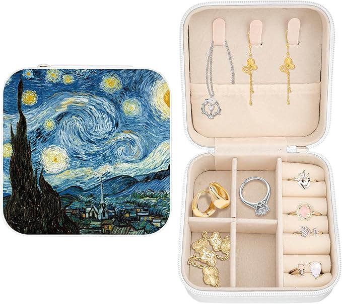 White Jewelry Organizer Box Portable Jewelry Storage Case Jewellery Box for Girls Boys Women Men Travel Jewellery Storage for Ring Earring Birthday Christmas Gifts Van Gogh Starry Night Blue