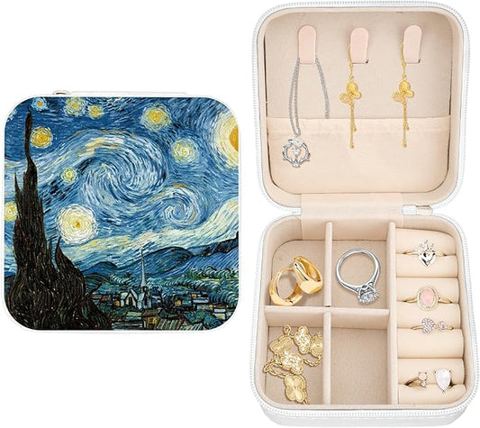 White Jewelry Organizer Box Portable Jewelry Storage Case Jewellery Box for Girls Boys Women Men Travel Jewellery Storage for Ring Earring Birthday Christmas Gifts Van Gogh Starry Night Blue