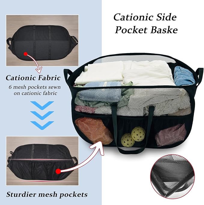 Upgraded Cationic XL Collapsible Laundry Baskets, 100L Extra Large Mesh Pop Up Hamper with Handles and bag, Portable Stair Basket, Dirty Clothes Hamper for Cruise Travel Bedroom. Black