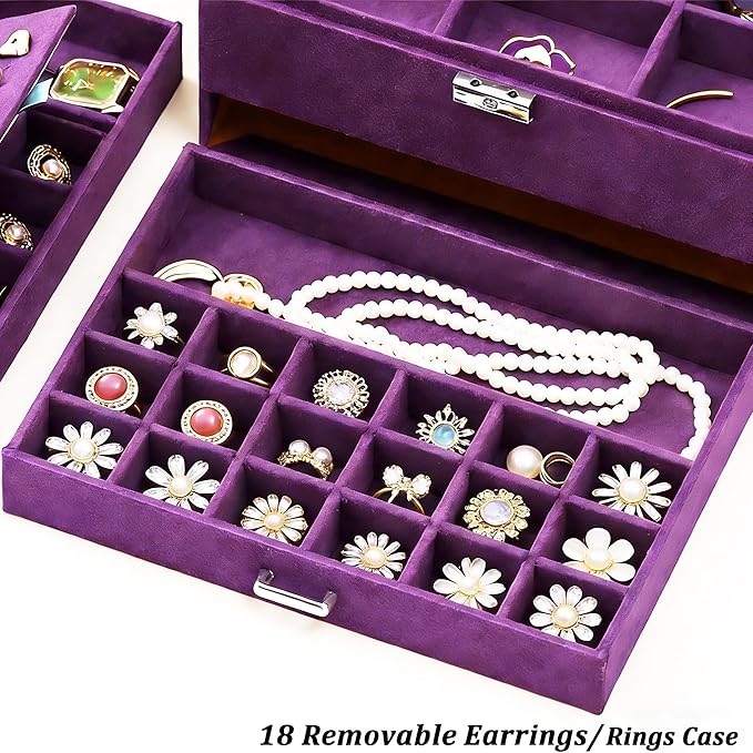 QBestry 3-Layer Jewelry Box for Women with Lock and Key & Drawer, Large Jewelry Organizer with 8 Necklace Hooks & 56 Earring Holes, Purple Velvet Jewelry Storage Box for Necklace Earring Ring Bracelet