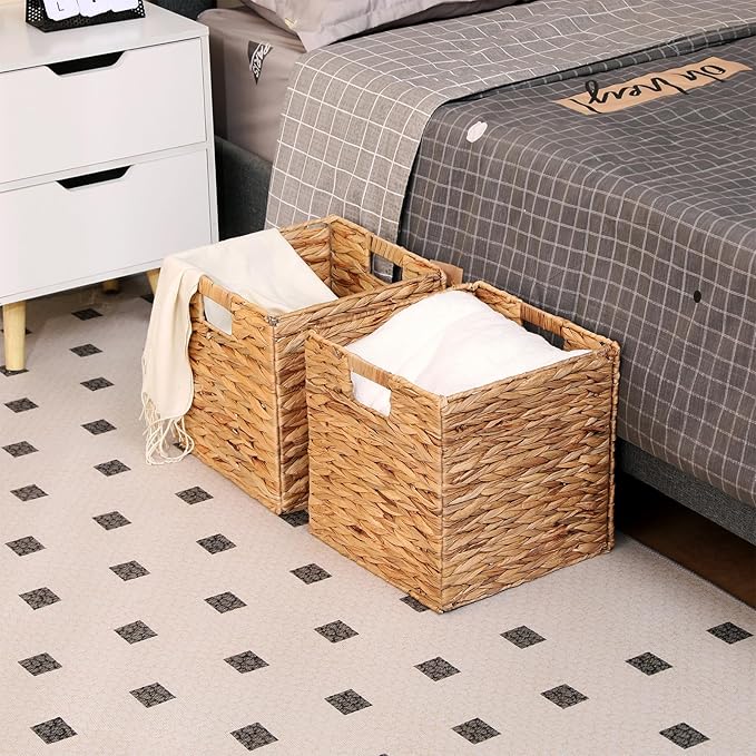 11x11in Wicker Storage Basket Set of 2 Collapsible Hyacinth Cube Storage Baskets,Storage Bins for Organizing Storage Basket with Built-in Handles