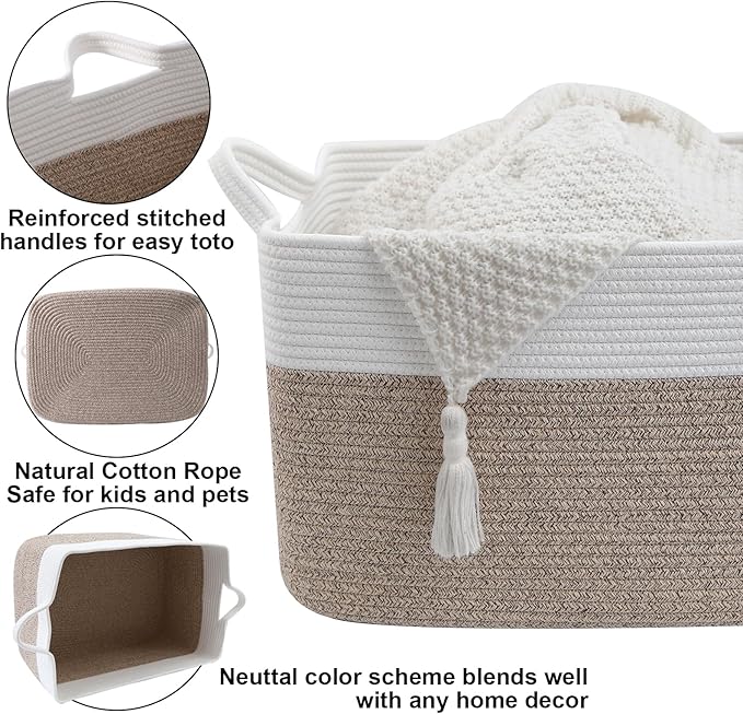 96L Large Blanket Basket,24"x16"x15"Rectangle Storage Bin with Handles,Woven Rope Laundry Basket for Toys, Clothes,Magazines,Home Organization,Nursery,Living Room & Bedroom,White & Brown