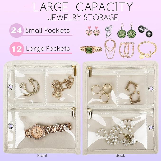 Travel Jewelry Organizer Case,Small Jewelry Bags Jewelry Storage Book Binder with Clear Zipper Velvet Pouch for Traveling,Earrings, Rings, Necklace, Bracelet (Pink)