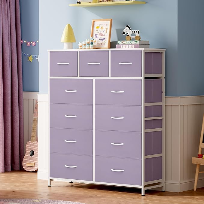 WLIVE Storage Organizer Unit with 11 Fabric Bins, Storage Drawers Organizer with Steel Frame, Tall Storage Tower Organizaton for Living Room, Hallway, Office, Purple