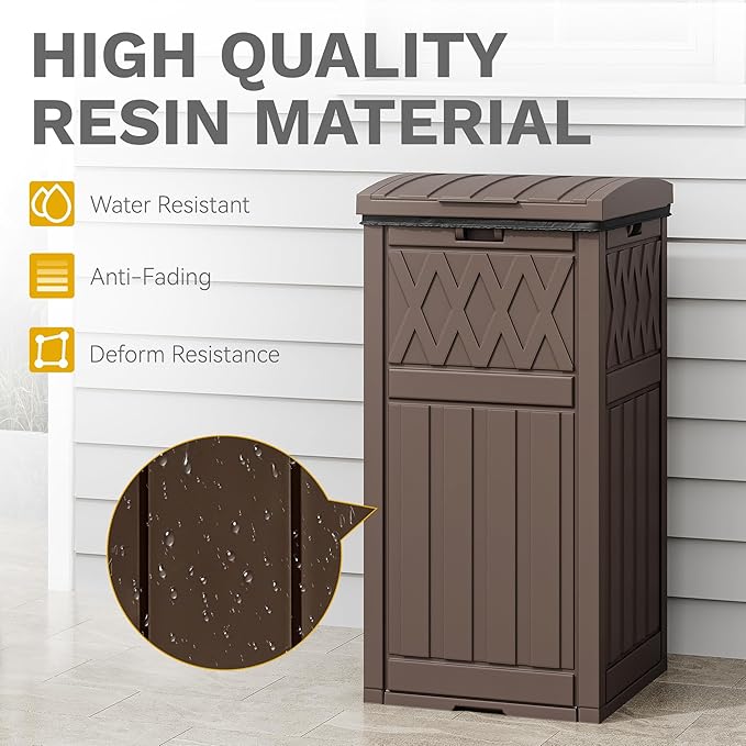 DWVO 36-Gallon Outdoor Trash Can with Fabric Bag, Tiered Lid & Drip Tray, Waterproof Resin Garbage Bin for Patio, Deck, and Backyard, Dark Brown