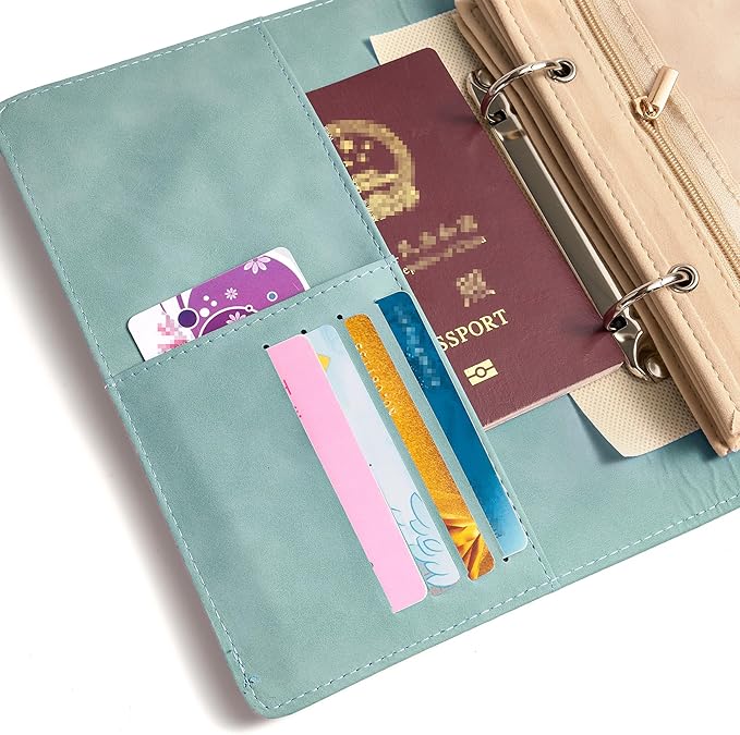 Travel Jewelry Binder Organizer Ring Binders - Jewelry Boxes PU Leather Case with Zipper Velvet Jewelry Pouch Bags for Daily Use & Gifting - Mint Green