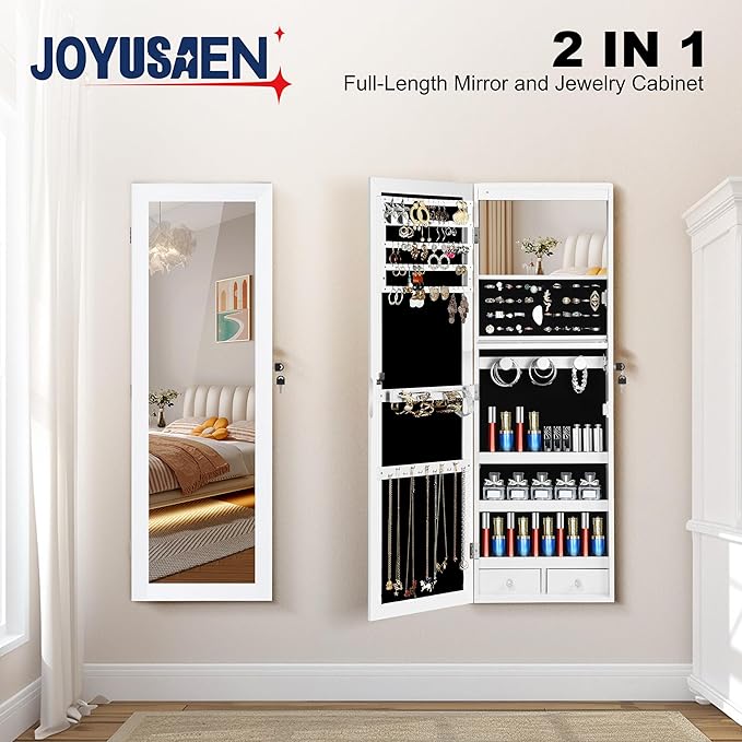 Mirror Jewelry Cabinet, Wall/Door Mounted Jewelry Armoire with Full-Length Mirror, Hanging Jewelry Organizer with LED Interior Lights, White