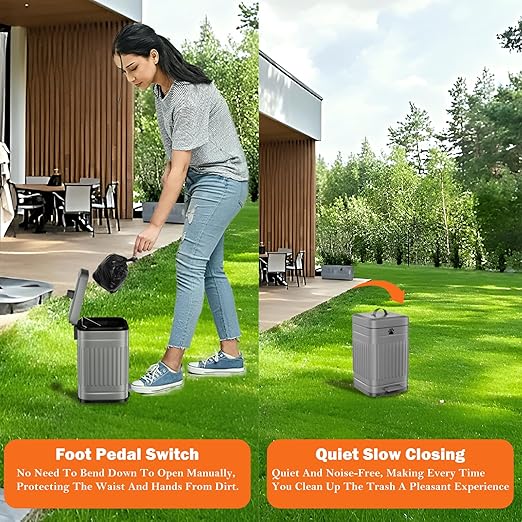 Dog Poop Trash Can Outside, 5L/1.3Gal Metal Dog Waste Trash Can with Lid, Foot Pedal, Pet Waste Container with 40 Bags, Poop Bucket with Lid Soft Close for Pet, Grey