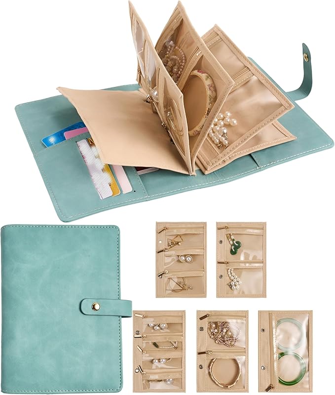 Travel Jewelry Binder Organizer Ring Binders - Jewelry Boxes PU Leather Case with Zipper Velvet Jewelry Pouch Bags for Daily Use & Gifting - Mint Green