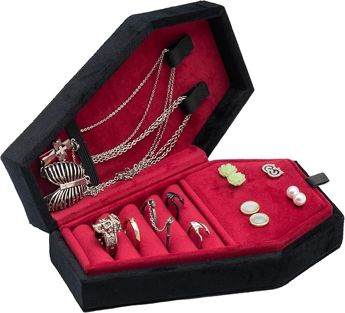 Velvet Coffin Jewelry Travel Case Holder for Gothic Wedding Ceremony Jewelry Organizer Decoration (Black Red 4 Grid)