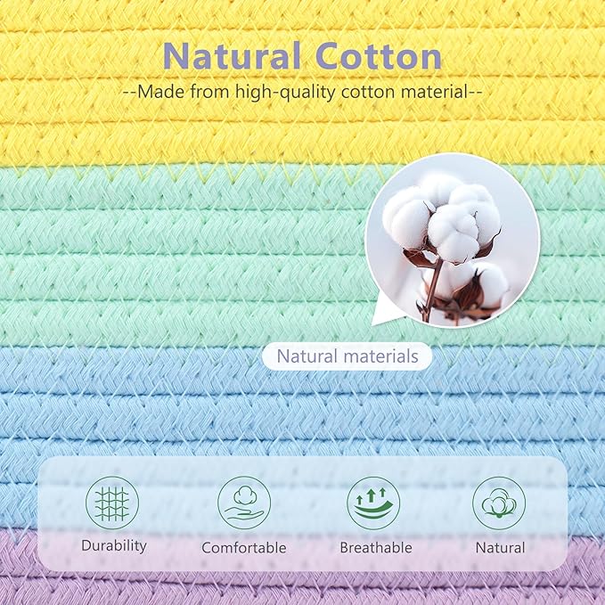 ECDYQXVU Cotton Rope Storage Basket, 15x10x9 Inches, Woven Basket for Shelves, Clothes, Towels, Books, and Laundry, Rainbow (1 Pack)