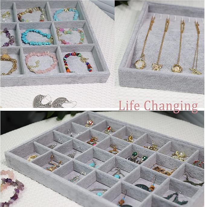 Stratalife Set of 3 Stackable Jewelry Organizer Tray Earring Display Trays Drawer Organizer Inserts Accessory Storage Grey