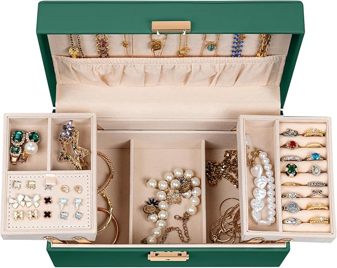 AKOZLIN Travel Jewelry Box Organizer Functional 2-trays Leather Jewelry Storage Case with Lockable Portable for Women Girls Ring Necklace Earring Bracelet