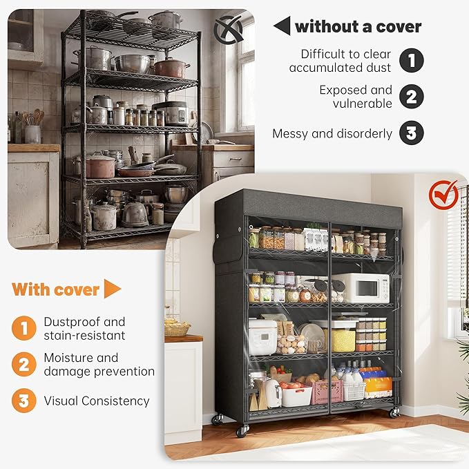 REIBII 72.8" H Storage Shelves with Cover & Wheels, Wire Shelving Heavy Duty Metal Shelving for Pantry Kitchen Garage, Storage Rack Shelf Shelving for Commercial Industrail, 35" W*16" D*72.8" H
