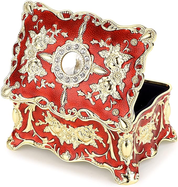 Hipiwe Vintage Jewelry Box, Small Enameled Trinket Box Organizer Rectangular Treasure Chest Box Jewelry Decorative box Keepsake Gift Box Case for Women,3.7x 2.7x 2 inch