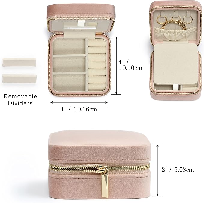 BLUTETE Travel Jewelry Box Organizer Velvet Travel Case With Mirror Ring Earrings Necklaces Storage Organizer Box (Blush)