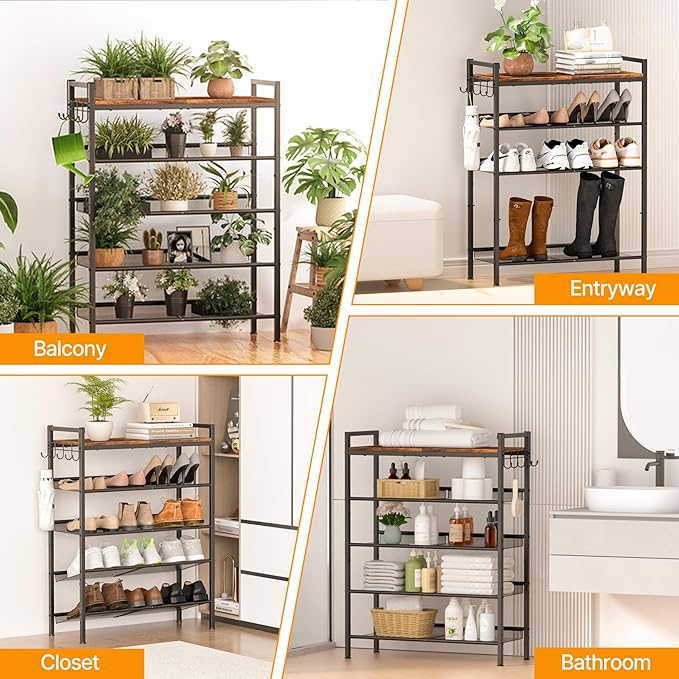 5 Tier Shoe Rack, Shoe Rack for Entryway with Hook, Shoe Organizer with Adjustable Mesh Shelves, Metal Shoe Storage, Closet, Bedroom Living Room Garage