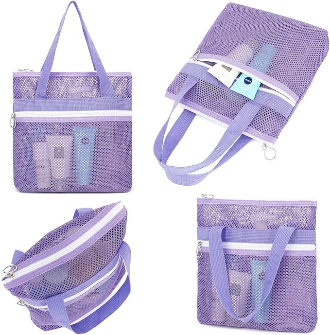 Fammart Mesh Shower Caddy Portable with Zipper & 2 Pockets - Quick Dry Shower Caddy Hanging for Travel Gym Camp Beach - Organizer Bag Bathroom Essentials for College Dorm