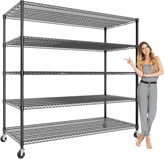 Garvee 5-Tier Metal Shelving with Wheels, Heavy Duty Rolling Storage Shelves 3300LBS Loads, Adjustable Wire Rack Shelving Unit for Garage Kitchen Pantry Commerial, 82" H x 59" W x 23.6" D, Black ﻿ ﻿