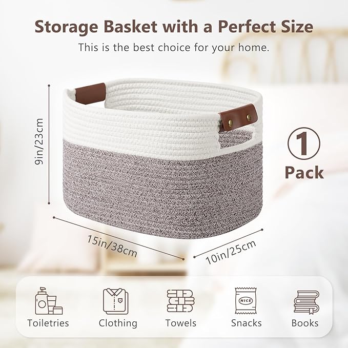 ECDYQXVU Cotton Rope Basket, Storage Baskets with Handle, 15x10x9 Inch Woven Basket for Shelves, Laundry, Towels, Clothes, Books (White Brown 1 Pack)