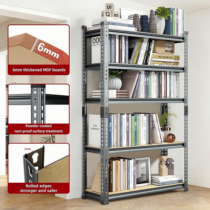 Garage Shelving Heavy Duty, 3000LBS Metal Storage Shelves 5 Tier, Adjustable Shelving Unit 46" W x 20" D x 72" H, Boltless Garage Storage Rack for Garage Basement, Pantry, Warehouse 1Pcs