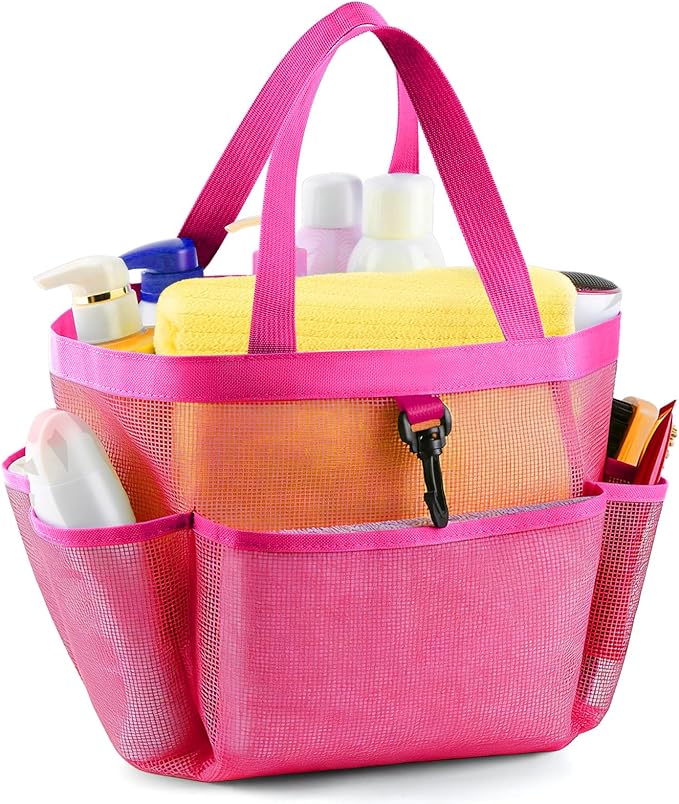 LOYEE Mesh Shower Caddy Portable for College Dorm Room Essentials with 8 Pockets, Shower Bag for Beach, Swimming, Gym, Travel, Bathroom(All rose pink)