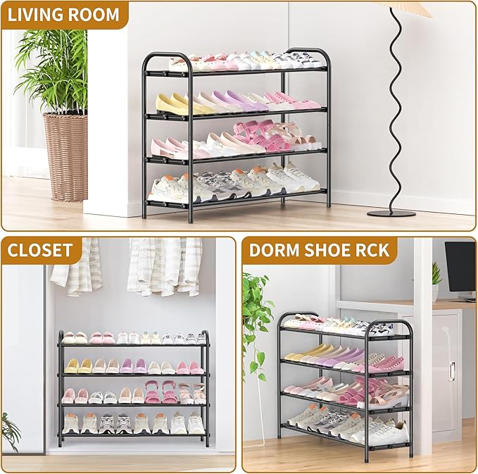 Hleelomi 4-Tier Expandable Shoe Rack for Entryway，Adjustable Metal Shoe Organizer for Closet,Living Room,Dorm,Black