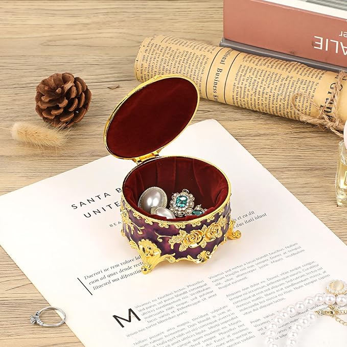 Hipiwe Vintage Jewelry Box Small Trinket Storage Organizer Box Gold Metal Chest Ring Case Treasure Chest Round Keepsake Boxes for Earrings Necklace Gift for Women,Purple