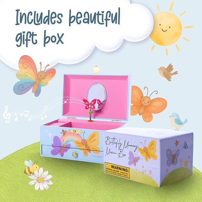 The Memory Building Co Butterfly Musical Jewelry Box Plays Classic Melody, Storage Organizer Music Box for Kids Ages 6-12, MDF Wood w/ 2 Fabric Lined Ring Bracelet Necklace Treasure Compartments