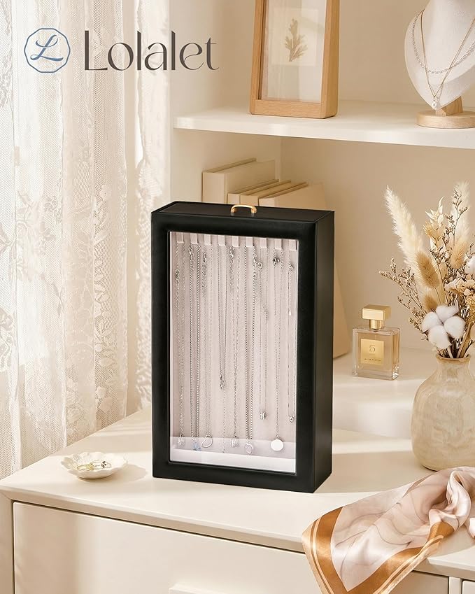 Lolalet Upgraded Double-Sided Hanging Necklace Organizer Box, Jewelry Display Case with Double-Sided Clear Window for Necklaces Bracelets, Tangle-Free Necklace Storage Box, Mothers Day Gift