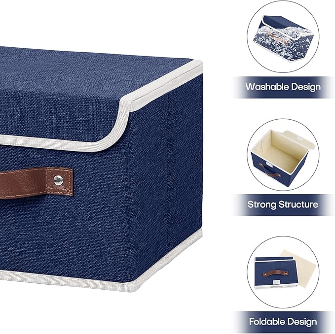 ANMINY 2PCS Storage Bin with Lid Storage Boxes with PU Leather Handles PP Plastic Board Decorative Foldable Lidded Cotton Linen Fabric Home Cubes Baskets Closet Organizer Container - Blue, Medium