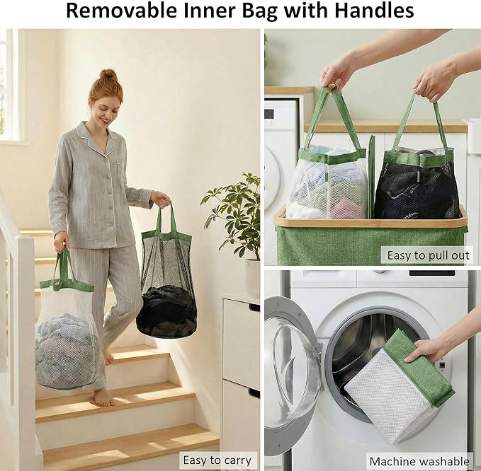 efluky Laundry Hamper with Lid, Double Laundry Hamper with 2 Removable Bags, 2 Section Laundry Basket with Bamboo Handles for Bathroom, Bedroom & Laundry Room,140L Green
