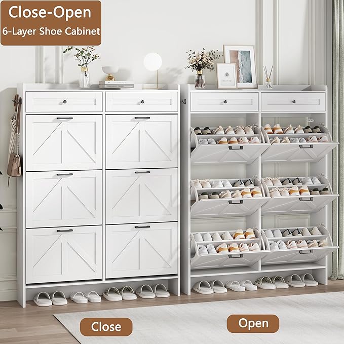 Shoe Cabinet with 6 Flip Drawers & 2 Top Drawers, 57" Tall Freestanding Narrow Wooden Shoe Storage Organizer for Entryway, Hidden Slim Shoe Rack for Front Door Entrance, Hallway, Living Room, White