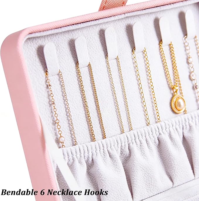 QBestry All-in-One Travel Jewelry Organizer for Women Pink | Small Jewelry Box with 68 Earring Holes | Compact Portable Jewelry Case for Earrings, Rings, Necklaces | Perfect Gifts for Mom Wife Girls