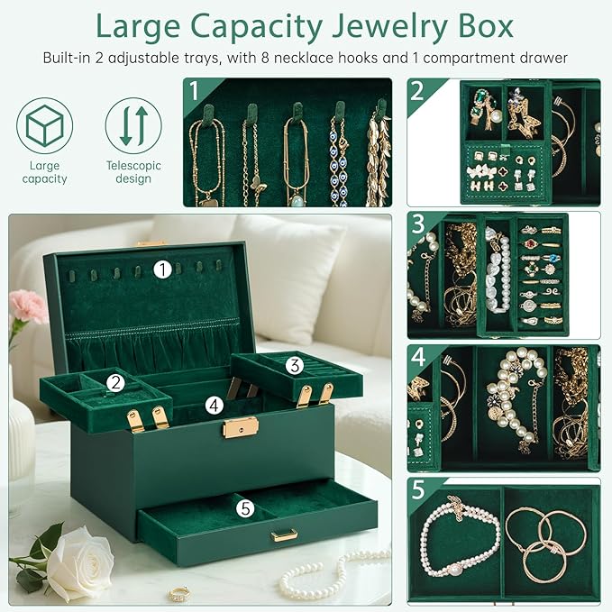 AKOZLIN Travel Jewelry Box Organizer Functional 2-trays Leather Jewelry Storage Case with Lockable Portable Drawer for Women Girls Ring Necklace Earring Bracelet
