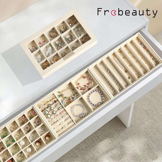 Frebeauty Stackable Jewelry Trays, Velvet Drawer Jewelry Organizer with Glass Lid,5 in 1 Multi-Functional Jewelry Storage for Earrings Necklaces Rings, 10.5 x 6.5 x 5.55 Inches Gift for Women(Beige)