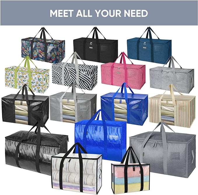 TICONN 8 Pack Extra Large Moving Bags Heavy Duty with Zippers & Carrying Handles, Durable Storage Bags Moving Boxes for Closet Organizers and Storage (8 Pack, Blue)