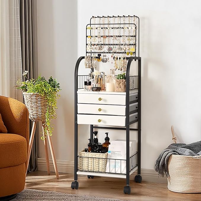 Keebofly Large Jewelry Organizer Stand with 3 Drawers, Floor Display Holder with Necklace, Earring, Bracelet, Ring Storage — Rolling Armoire Tower for Bedroom or Closet (Black)