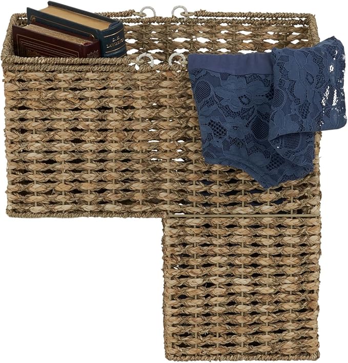Household Essentials Wicker Stair Basket, Wicker Step Organizer with Handles, Use to Collect and Transport Items from Floor to Floor