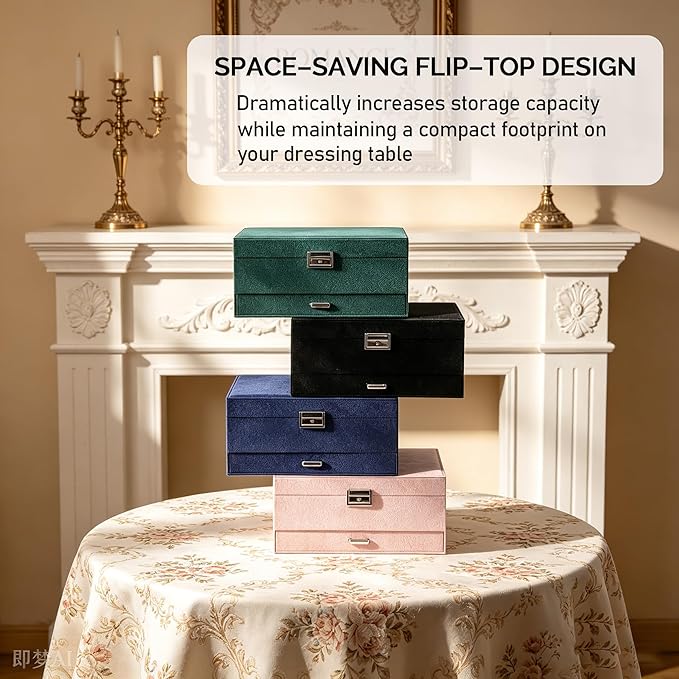 Jewelry Organizer Box for Women Girls, VintageJewelry Box 3-Tier Jewelry Display Case and Organizer,Lockable Jewelry Display Case Anti Tarnish,Varying Compartments for Bracelets, Rings (Blue)