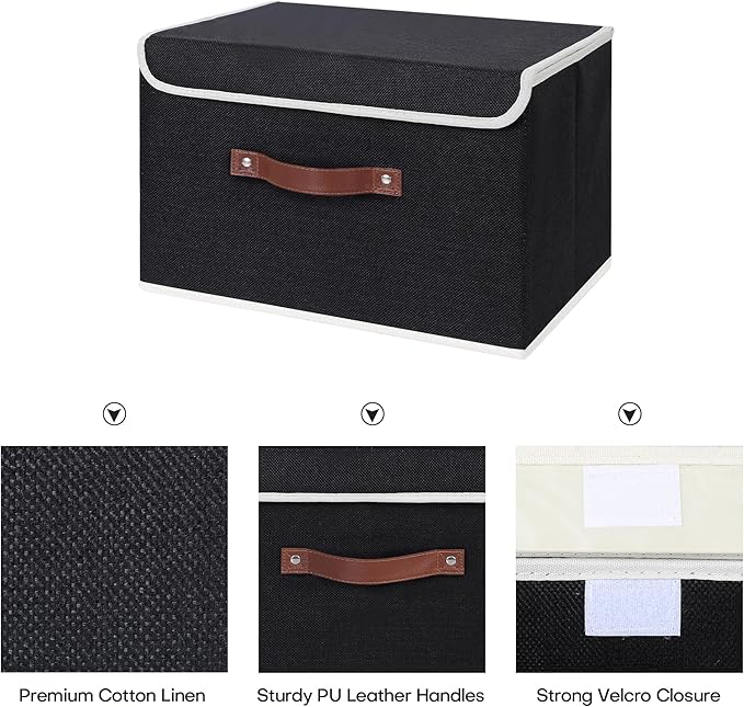 ANMINY 4PCS Storage Bin with Lid Storage Boxes with PU Leather Handles PP Plastic Board Decorative Foldable Lidded Cotton Linen Fabric Home Cubes Baskets Closet Organizer Container - Black, Medium