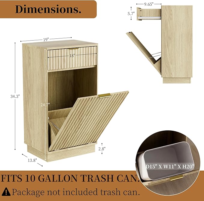 Tilt-Out Trash Cabinet with 10-Gallon Capacity, Walnut Laundry Hamper Cabinet, 34.3 x 19 x 13.8 inches, Wave-Textured Front.