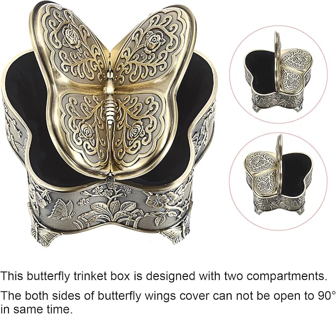 Hipiwe Antique Metal Jewelry Box Butterfly Shape Jewelry Storage Organizer Vintage Trinket Box Treasure Chest for Ring Earrings Necklace Decorative Keepsakes Box, Bronze, Large