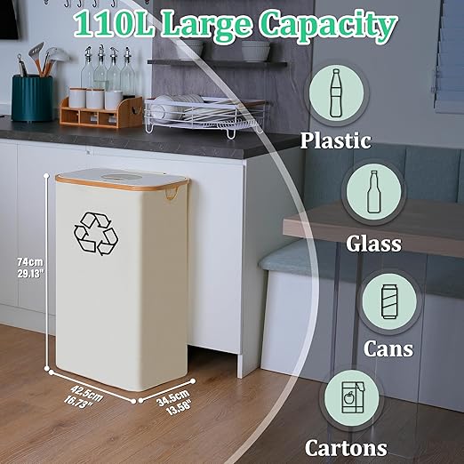 iEGrow 29 Gallons Recycling Bins for Kitchen, Indoor Recycle Bins with Lid, 110L Large Recycle bin with 2 Removeable Reusable Inner Bags, for Bottles Cans Glass Plastice Cartons(Beige)