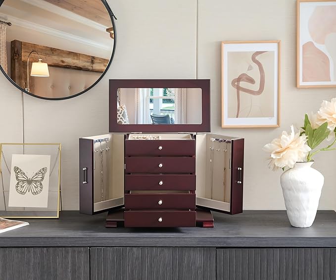 Brown 5 Layer Jewelry Box for Women,Top With Mirror Wooden Jewelry Organizer,With 8 Hook And Velvet Lining Large Jewelry Storage,For Watch Necklace Ring Earring Storage Gifts