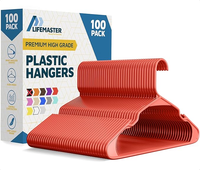 Lifemaster Plastic Clothes Hangers – Heavy Duty Hanger Set, for Organizing Clothes, Dresses, and Coat, Holds Up to 5 lbs, Space-Saving Hangers with Non-Slip Shoulder Grooves, Pack of 100, Red