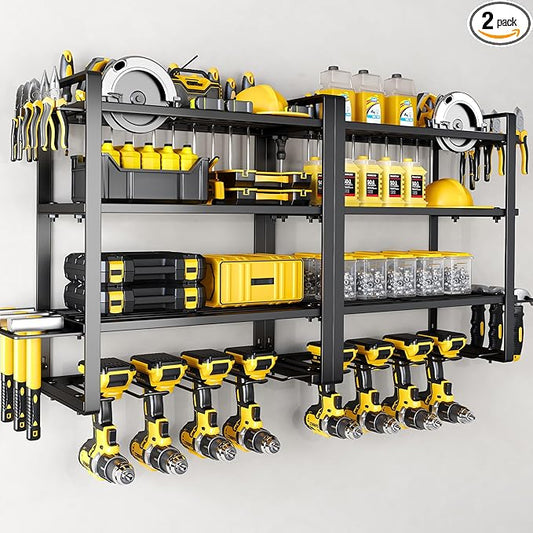 Hipidian Power Tool Organizer Wall Mount - Storage Rack with 4 Drill Holders for Drills Cordless Tools. Heavy Duty Iron Garage Tool Organizer Storage for Workshop Shed (4 Slots 4 Layers 2 Pcs)