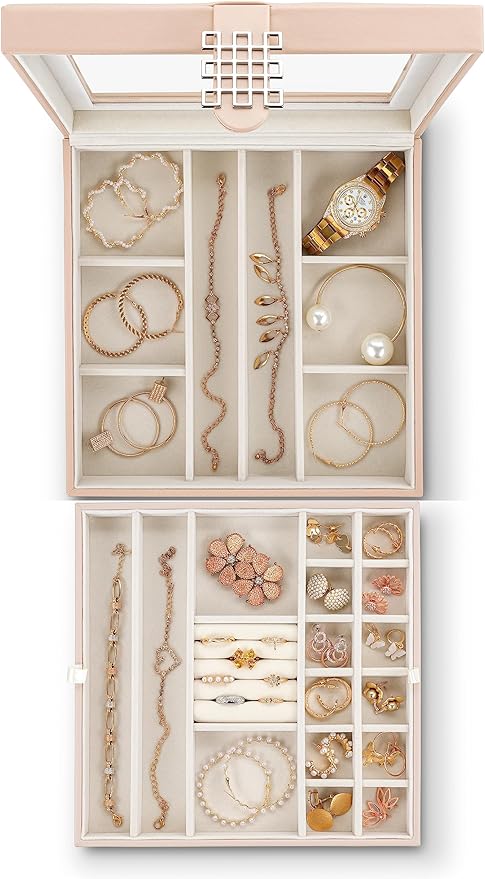 Glenor Co 28 Section Jewelry Box - 2 Layer - Buckle Snap & Magnet Closure - Large Glass Top - Leather Design - Sand - Jewelry Organizer for Women & Girls - for Earring Ring Necklace & Bracelet
