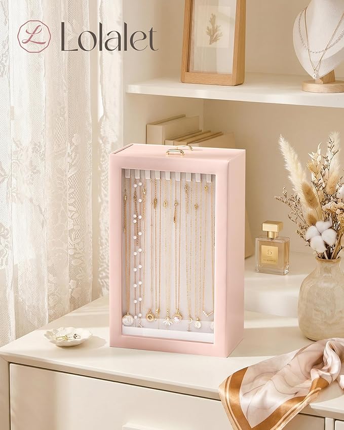 Lolalet Upgraded Double-Sided Hanging Necklace Organizer Box, Jewelry Display Case with Double-Sided Clear Window for Necklaces Bracelets, Tangle-Free Necklace Storage Box, Mothers Day Gift